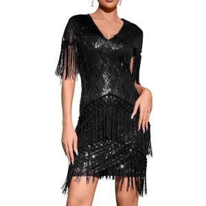Midi Cap Sleeve Flapper Dress with Sequin Vintage Fringe Dress Roaring 20s Sequins Beaded Dress(Black)