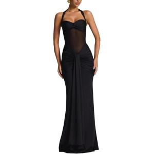 Off-Shoulder Tie-Neck Maxi Dress with Tulle Panel and Flowing Sash(Black)