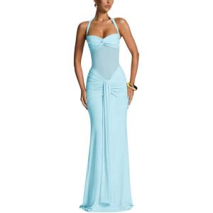 Off-Shoulder Tie-Neck Maxi Dress with Tulle Panel and Flowing Sash(Blue)