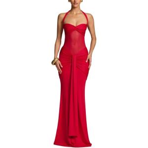 Off-Shoulder Tie-Neck Maxi Dress with Tulle Panel and Flowing Sash(Red)