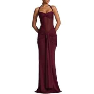 Off-Shoulder Tie-Neck Maxi Dress with Tulle Panel and Flowing Sash(Wine)