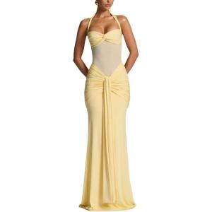 Off-Shoulder Tie-Neck Maxi Dress with Tulle Panel and Flowing Sash(Yellow)
