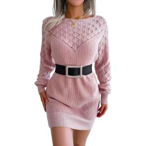 Openwork Off-The-Shoulder Knit Dress with Long Sleeves, Slim Fit, Casual Ins Style(Pink)