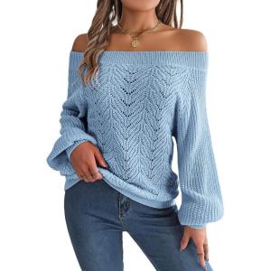 Openwork Off-The-Shoulder Sweater with Bell Sleeves Instagram-Worthy Casual Fall/Winter Style(Blue)