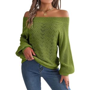 Openwork Off-The-Shoulder Sweater with Bell Sleeves Instagram-Worthy Casual Fall/Winter Style(Green)