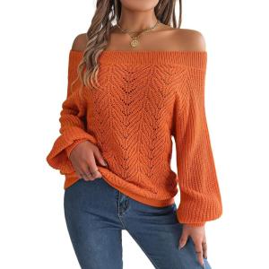 Openwork Off-The-Shoulder Sweater with Bell Sleeves Instagram-Worthy Casual Fall/Winter Style(Orange)