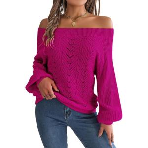 Openwork Off-The-Shoulder Sweater with Bell Sleeves Instagram-Worthy Casual Fall/Winter Style(Rose)