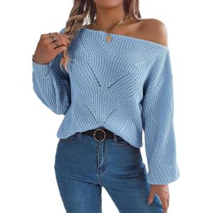 Openwork Off-The-Shoulder Sweater with Lantern Sleeves for Fall/Winter Casual Wear(Blue)