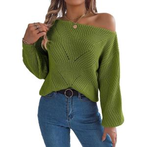 Openwork Off-The-Shoulder Sweater with Lantern Sleeves for Fall/Winter Casual Wear(Green)