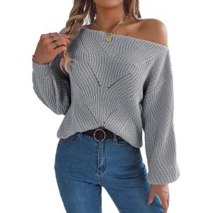 Openwork Off-The-Shoulder Sweater with Lantern Sleeves for Fall/Winter Casual Wear(Grey)