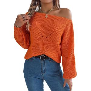 Openwork Off-The-Shoulder Sweater with Lantern Sleeves for Fall/Winter Casual Wear(Orange)