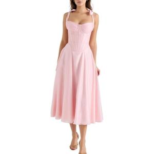 Pink Chiffon Tie Strap Midi Dress Wedding Graduation Home Coming Dresses(Pink)