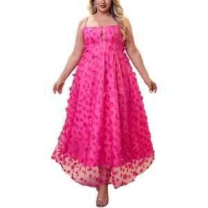 Plus Size Floral Mesh Dress Vacation V Neck Halter Home Coming Dinner Party Bridesmaid Dresses(Rose)
