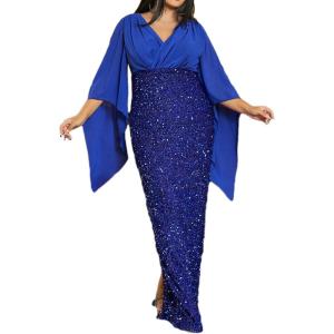 Plus Size Shiny Chiffon Dress Plus Size Elegant Sequins Banquet Midi V Neck Formal Evening Dress(A-blue)