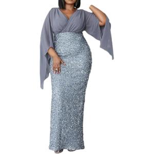 Plus Size Shiny Chiffon Dress Plus Size Elegant Sequins Banquet Midi V Neck Formal Evening Dress(A-silver)