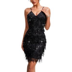Sequin Fringe Mini Dress V Neck Sleeveless Halter Party Rhinestone Dress Prom(B-black)