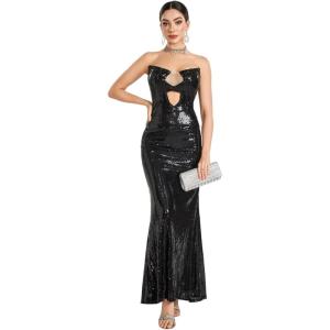 Sequin Maxi Dress Plunge Luminous Noir Premium Black Evening Party Fishtail Gown(Black-b)