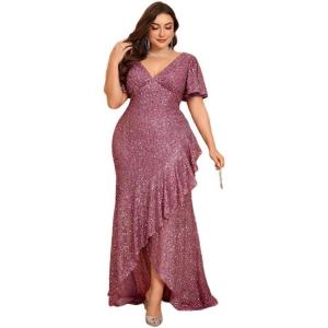 Sequin Mermaid V-Neck Plus Size Gown Seductive Long Prom Party Dress(Pink)