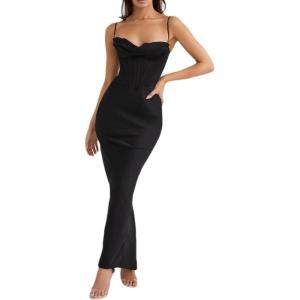 Sleeveless Crowl Neck Midi Corset Dress for Women Formal Evening Gowns Wedding Guest Dress(A-black)