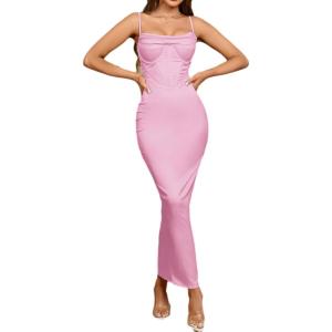 Sleeveless Crowl Neck Midi Corset Dress for Women Formal Evening Gowns Wedding Guest Dress(A-pink)
