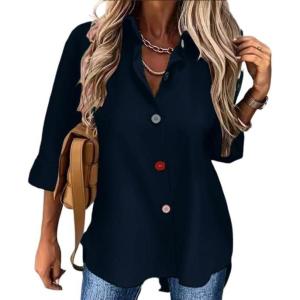 Solid-Color Cardigan Long-Sleeve Shirt with Colored Buttons for Women – Spring/Fall Casual Wear(Blue)
