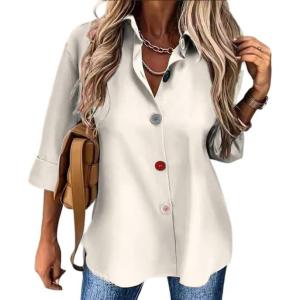 Solid-Color Cardigan Long-Sleeve Shirt with Colored Buttons for Women – Spring/Fall Casual Wear(White)