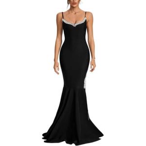 Strapless V-Neck Diamante-Embellished Dress with Split Hem, Chain Detail and Fringe Fishtail(Black)