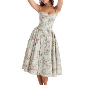 Summer Floral Midi Dress A Line French Halter Seaside Daily Wedding Evening Dresses(Green)
