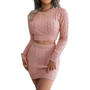 Twisted-Cable Crop Top & Fitted Dress Knit Set Long-Sleeve Short Dresses Casual(Pink)