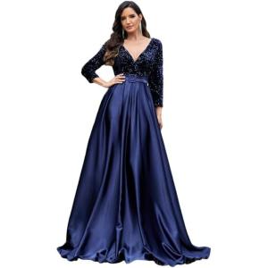 V-Neck Sequins Velvet Long-Sleeved Maxi Dress Dress Banquet Hostess Evening Gown(Blue)
