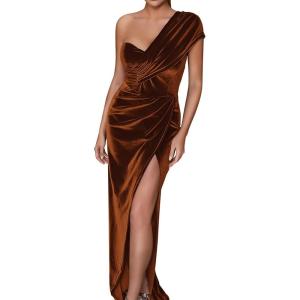 Velvet One Shoulder Dress for Women Club Party Fall Maxi Formal Gowns and Evening Dresses(A-tan)