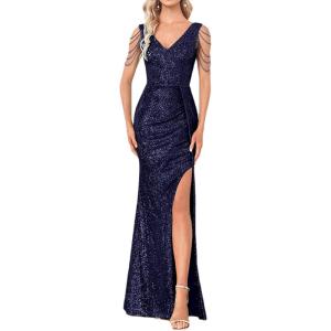 Women 1920s Formal Dress Tassel Sleeve with Bead Sparkly Gatsby Sequin Dress V Neck Maxi Dress(N-navy)