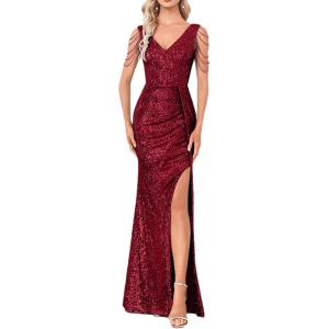 Women 1920s Formal Dress Tassel Sleeve with Bead Sparkly Gatsby Sequin Dress V Neck Maxi Dress(N-wine)
