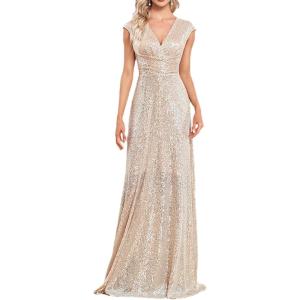 Women Sleeveless 1920s Formal Dress Tassel Sleeve with Bead Sparkly Gatsby Sequin Dress V Neck Maxi Dress(C-champagne)