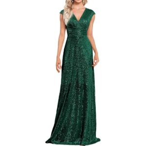 Women Sleeveless 1920s Formal Dress Tassel Sleeve with Bead Sparkly Gatsby Sequin Dress V Neck Maxi Dress(C-green)