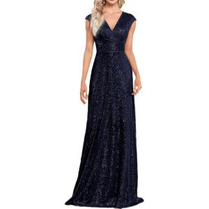 Women Sleeveless 1920s Formal Dress Tassel Sleeve with Bead Sparkly Gatsby Sequin Dress V Neck Maxi Dress(C-navy)
