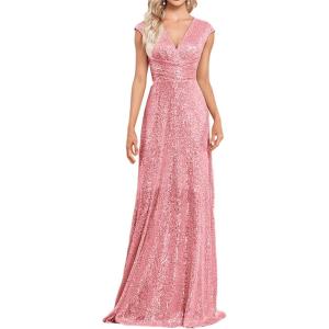 Women Sleeveless 1920s Formal Dress Tassel Sleeve with Bead Sparkly Gatsby Sequin Dress V Neck Maxi Dress(C-pink)