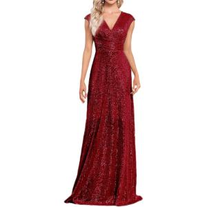 Women Sleeveless 1920s Formal Dress Tassel Sleeve with Bead Sparkly Gatsby Sequin Dress V Neck Maxi Dress(C-wine)