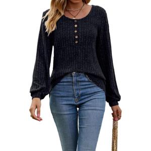 Women’s Knit Long-Sleeve Fashion Crew Neck Button-Up Waist-Defining Casual Top for Fall/Winter(Black)