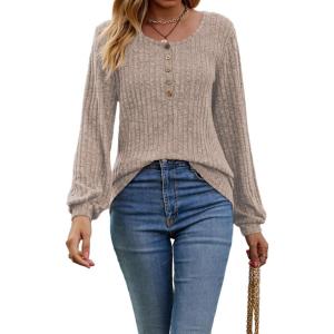 Women’s Knit Long-Sleeve Fashion Crew Neck Button-Up Waist-Defining Casual Top for Fall/Winter(Coffee)