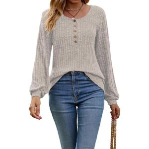 Women’s Knit Long-Sleeve Fashion Crew Neck Button-Up Waist-Defining Casual Top for Fall/Winter(Grey)