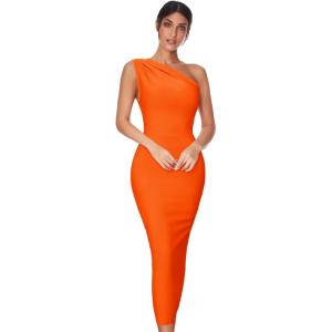 Womens One Shoulder Bodycon Bandage Dress Maxi Long Party Dresses Wedding Guest Dress(A-orange)