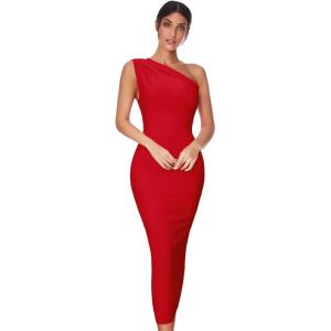 Womens One Shoulder Bodycon Bandage Dress Maxi Long Party Dresses Wedding Guest Dress(A-red)