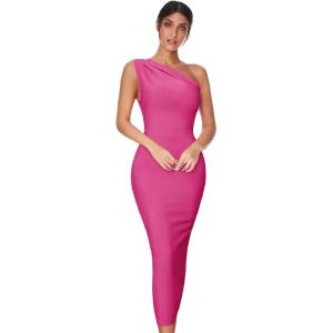 Womens One Shoulder Bodycon Bandage Dress Maxi Long Party Dresses Wedding Guest Dress(A-rose)