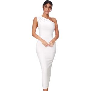 Womens One Shoulder Bodycon Bandage Dress Maxi Long Party Dresses Wedding Guest Dress(A-white)