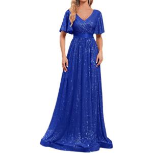 meilun Cap Sleeve Double V-Neck Sequin Maxi Dress Formal Dress Prom Evening Gowns(A-royal)