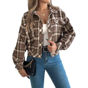 meilun Checkered Faux- Pocket Long-Sleeve Wool Blend Jacket Short Coat for Fall/Winter(Coffee)