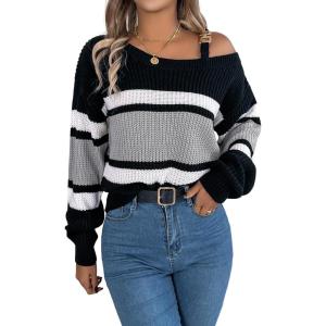 meilun Contrast-Striped Sweater with Bell Sleeves, Metal Buttons, and Off-Shoulder Design(Grey)