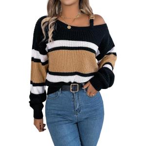 meilun Contrast-Striped Sweater with Bell Sleeves, Metal Buttons, and Off-Shoulder Design(Khaki)
