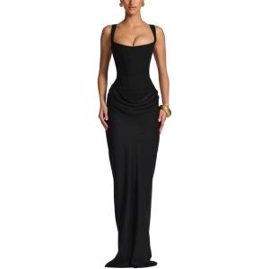 meilun Corset-Style Backless Sleeveless Strapless Solid-Colour Tie-Detail Dress(Black)